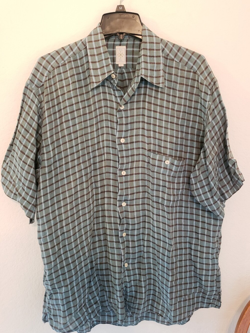 Burma Bibas 100%natural Linen Men Short Sleeve Button Down Large Blue /black